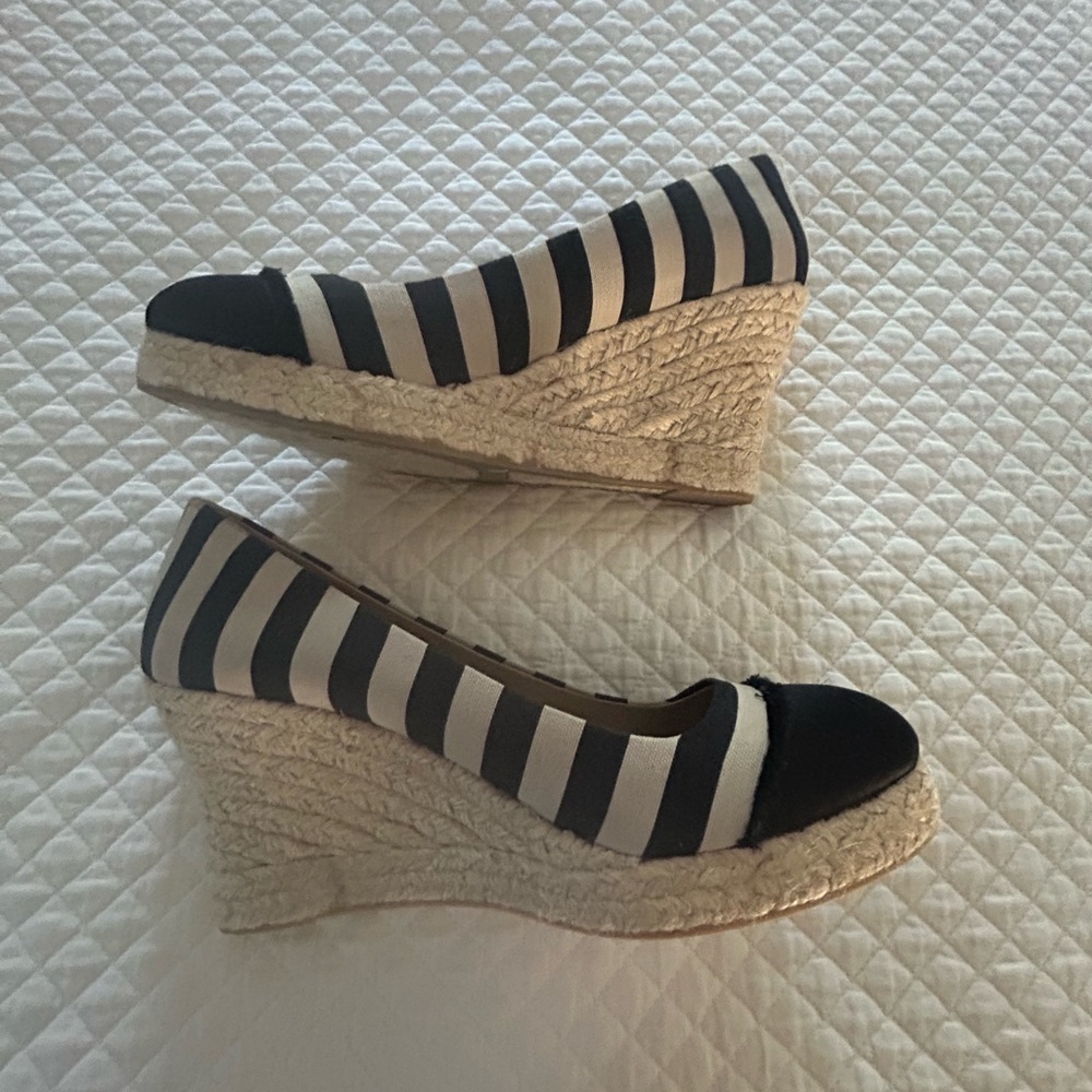 J. Crew Black and White Striped Espadrille Wedge Pumps